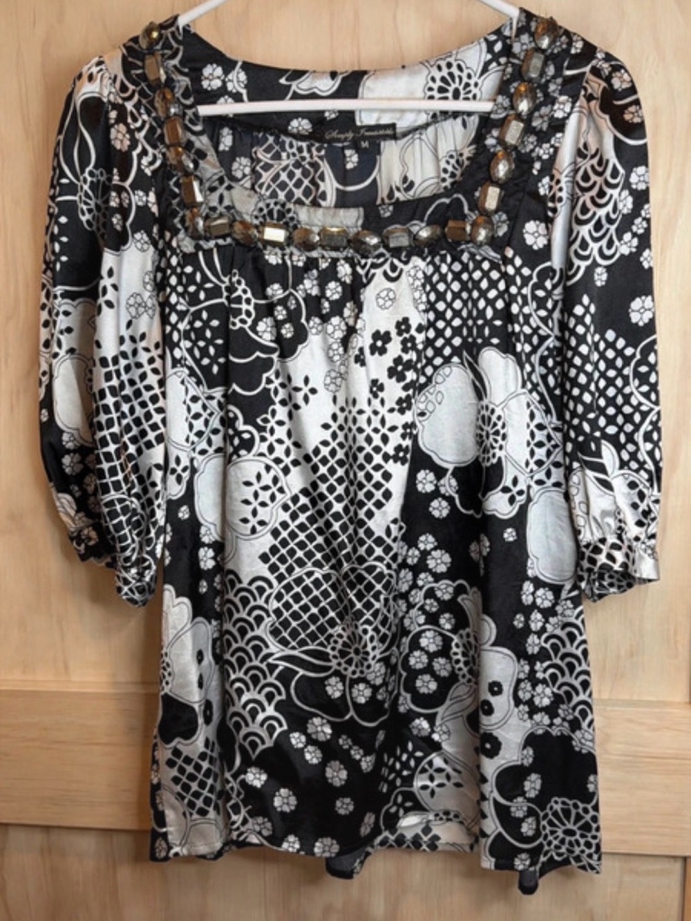 Embroidered Square-Neck Black & White Floral Blouse